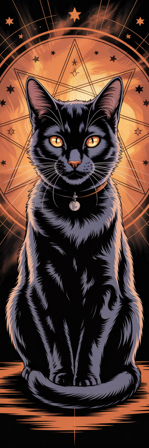 Black cat with glowing eyes on a mystical background