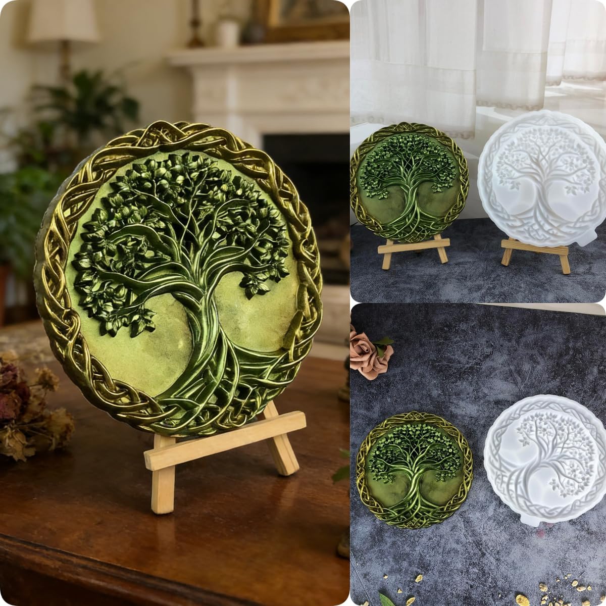 Decorative plate with tree design on a stand, shown in two different settings.