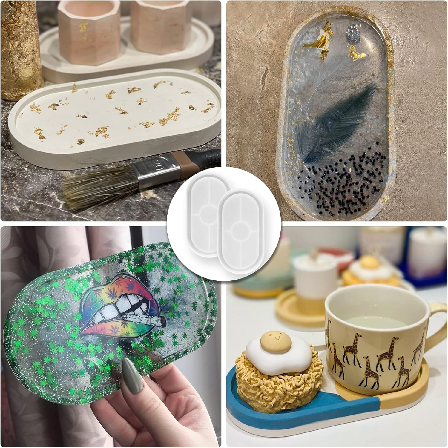 Collage of resin molds, a feather mold, a colorful resin mold with a mouth design, and a mug with giraffe pattern on a coaster.