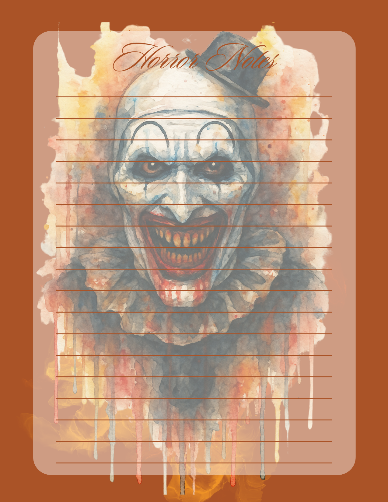 Notebook with a clown design on the cover, featuring the text 'Horror Notes'.