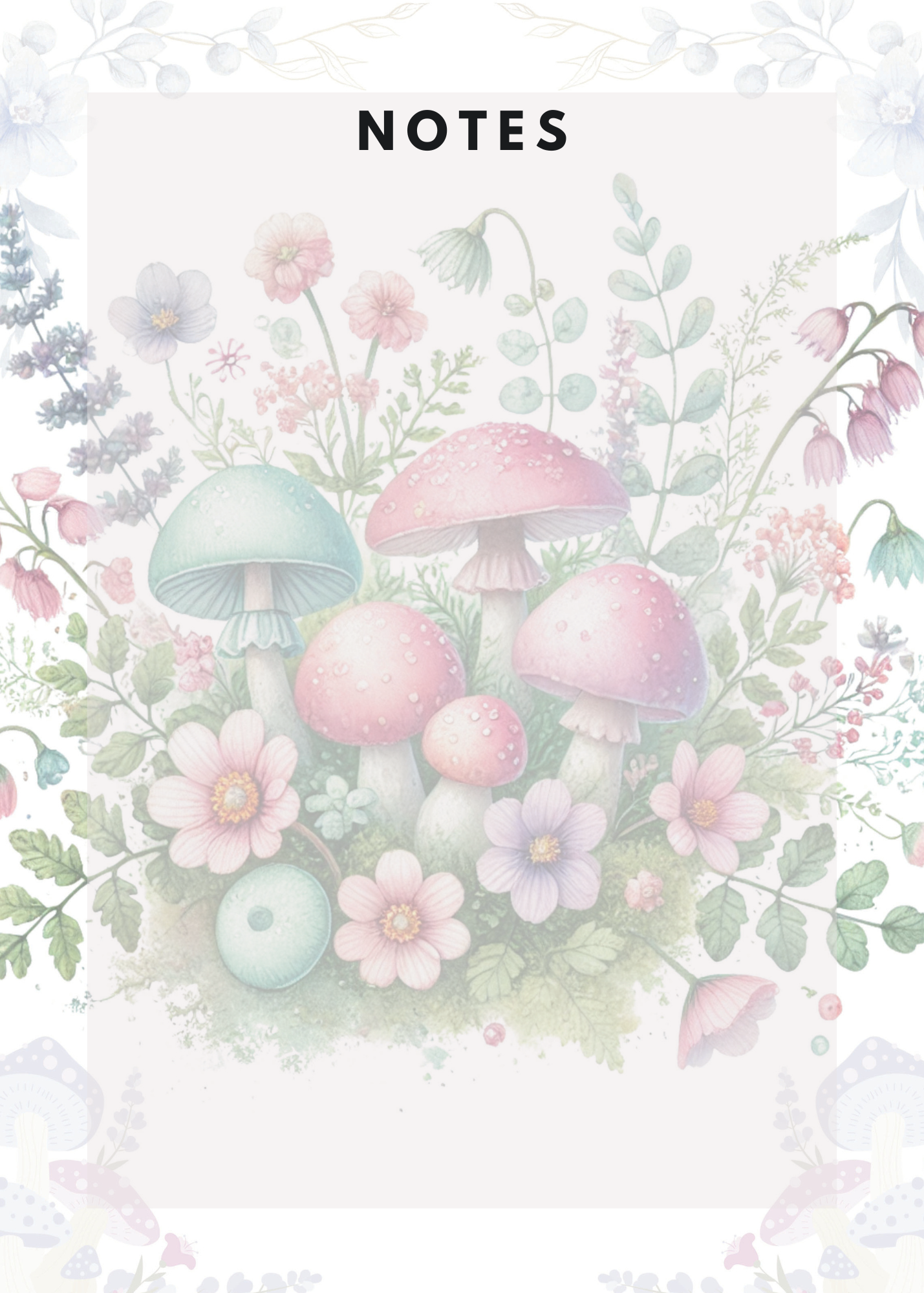 Notebook cover with pastel mushrooms and flowers on a light background