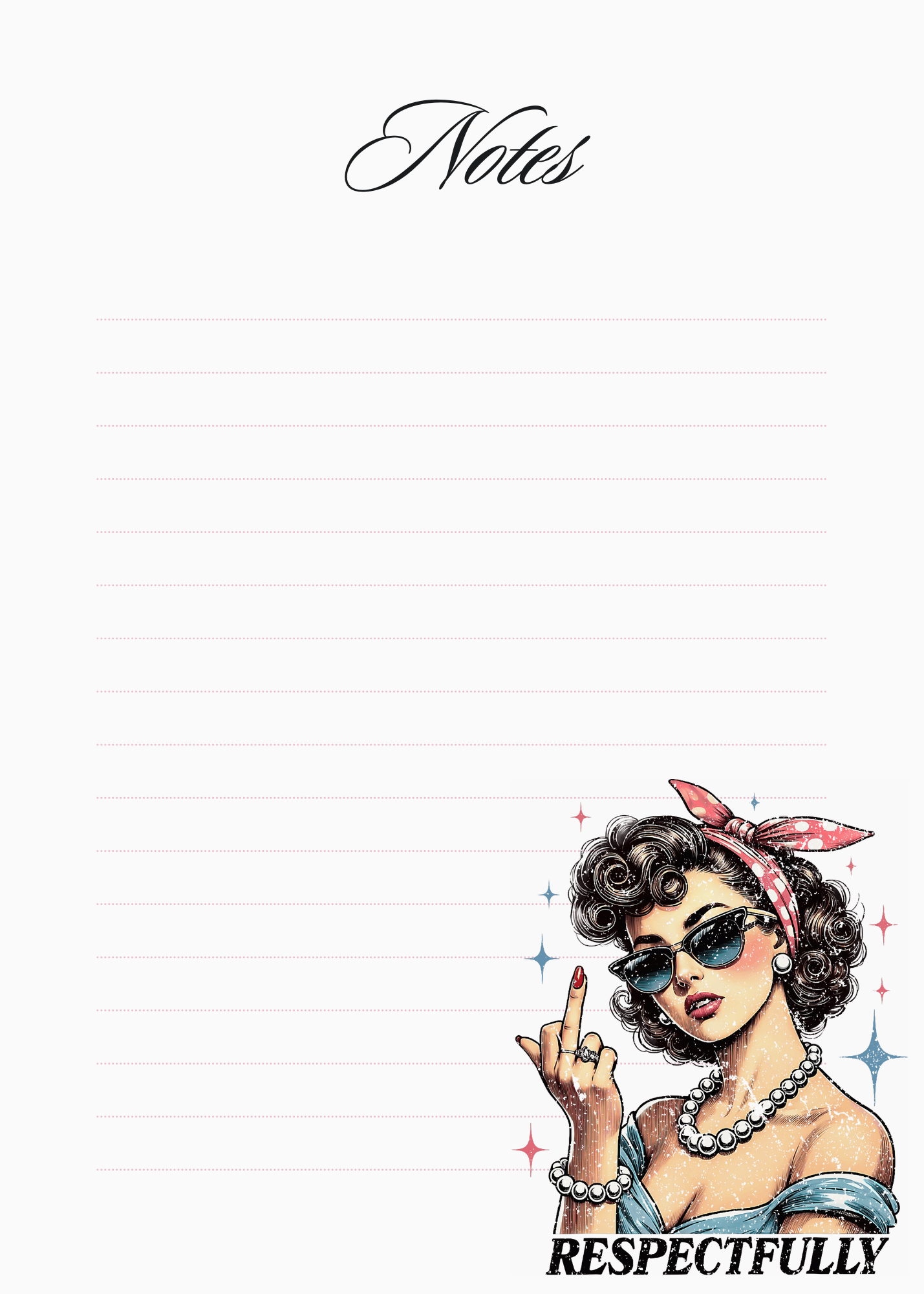 Notebook cover with a stylized illustration of a woman wearing sunglasses and a bandana, with 'Notes' and 'Respectfully' text.