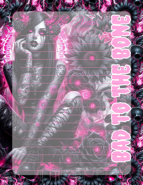 Gothic-style illustration with a woman, roses, and skulls on a pink and black background.