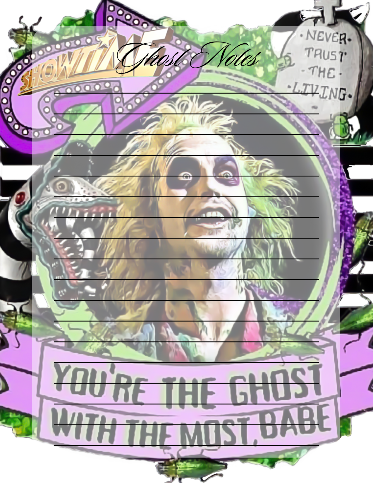 Cartoon character with text and graphics on a colorful background