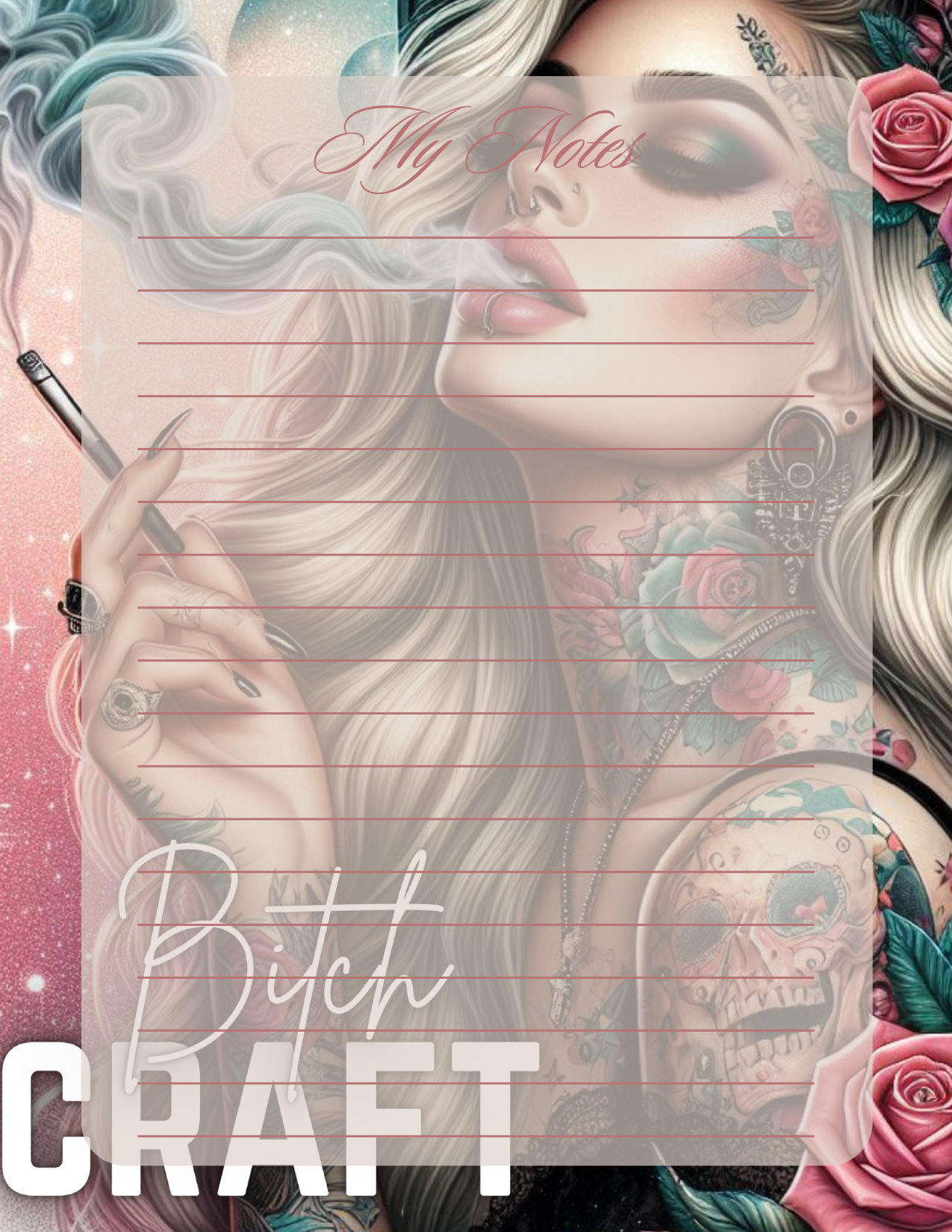 Notebook cover with artistic design of a woman with tattoos and text, featuring roses and a pen.