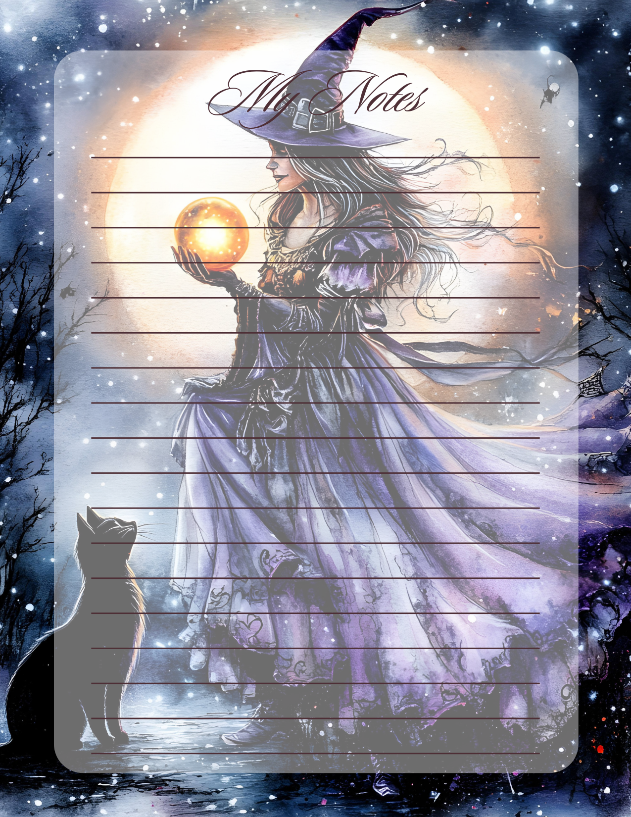 Notebook cover with a witch holding a moonlit scene and a cat, titled 'My Notes'.