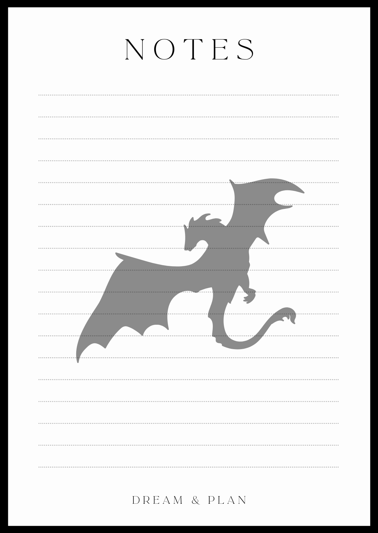 Notebook page with dragon illustration and 'Notes' text on lined paper.