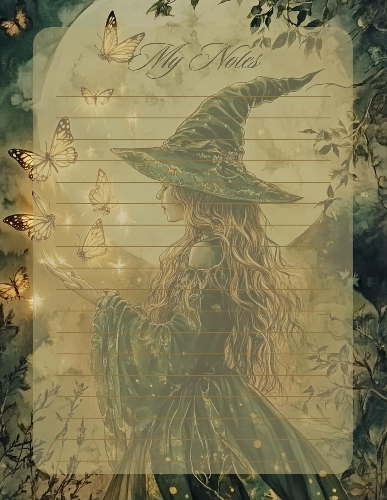 Notepad with a witch illustration and butterfly design, titled 'My Notes'.