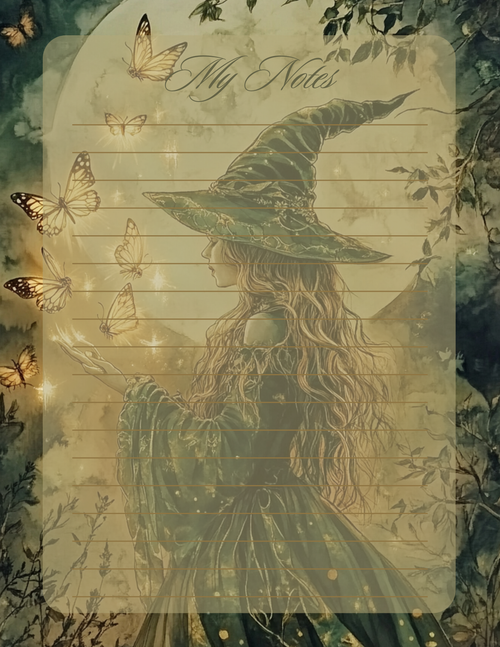 Notepad with a witch illustration and butterfly design, titled 'My Notes'.