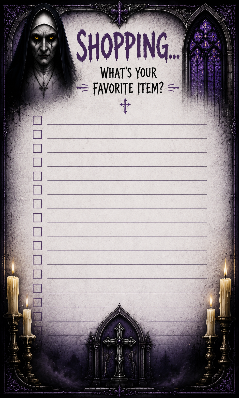 Horror The Nun Grocery list