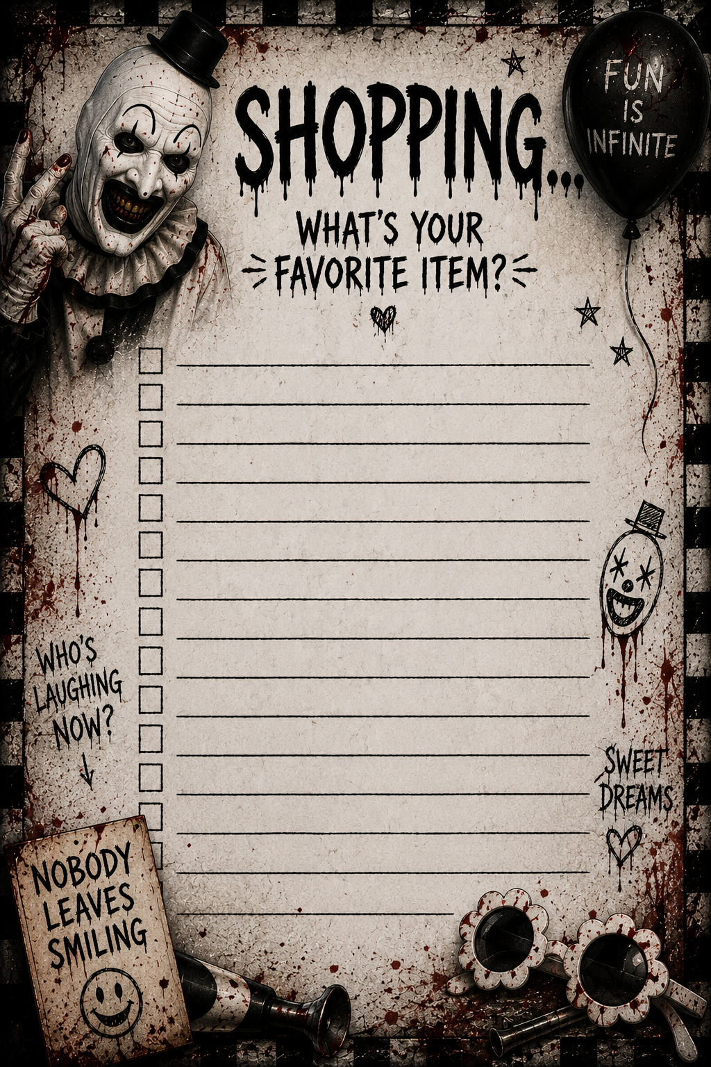 Horror Art the Clown Grocery list