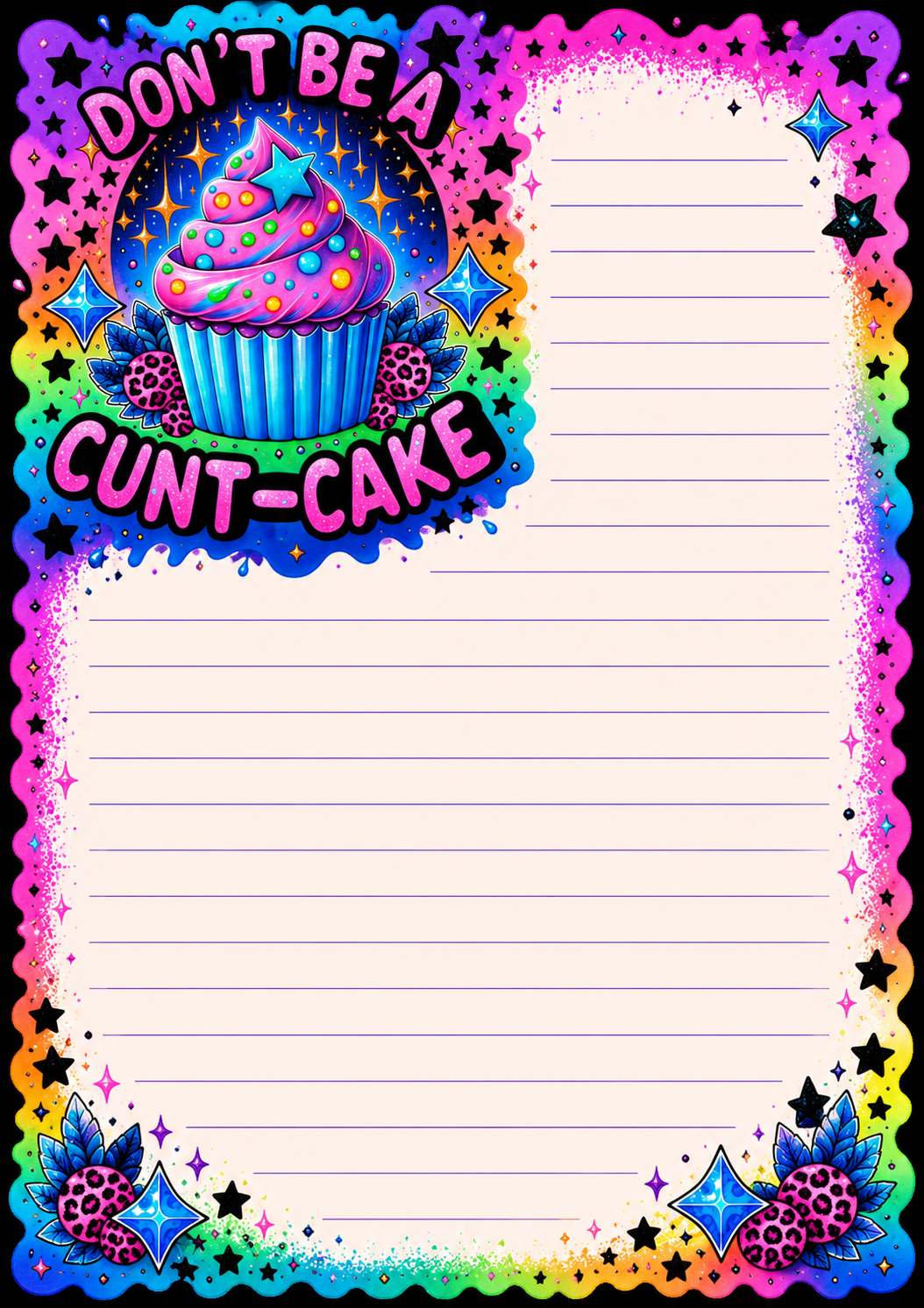 Colorful notepad with a cupcake illustration and text, surrounded by decorative border.