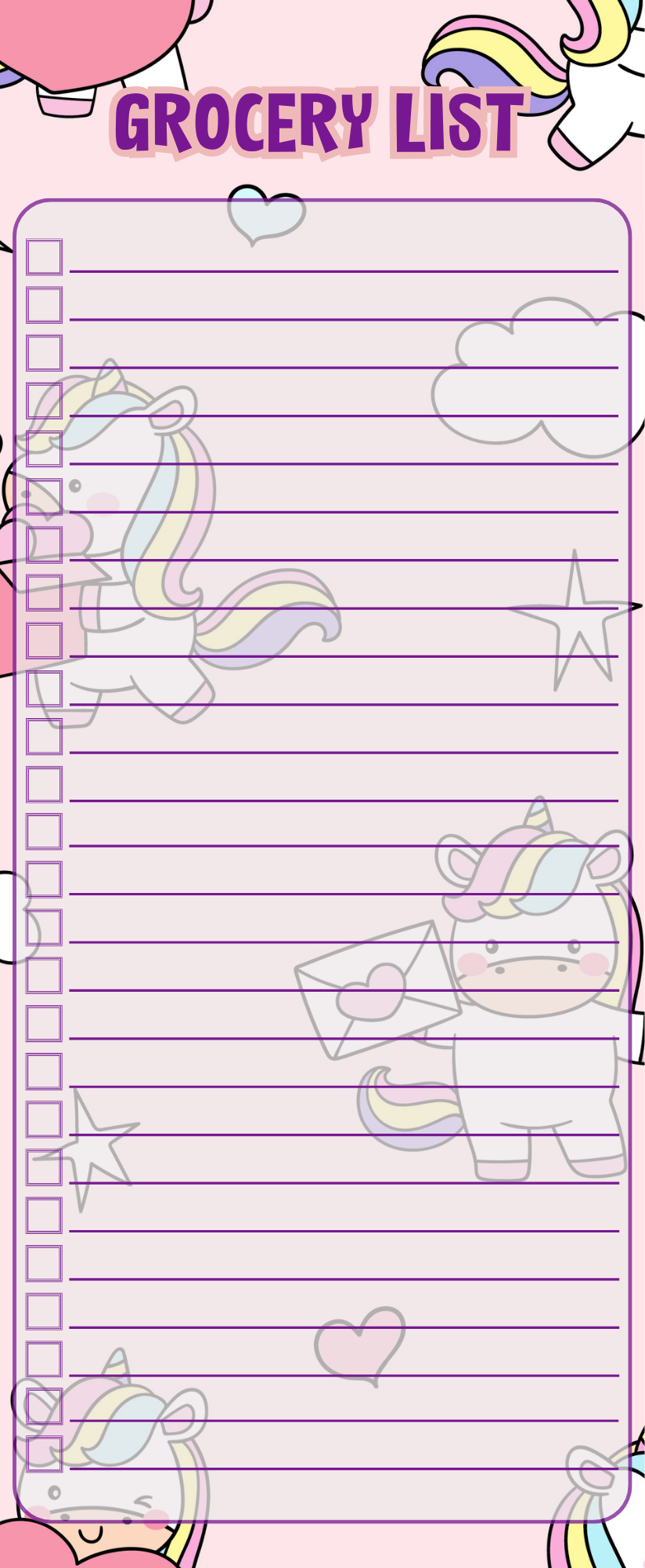 Rainbow unicorns grocery list