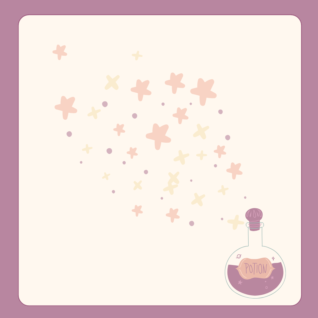 Sticky notes with star patterns and a potion bottle design on a purple border.