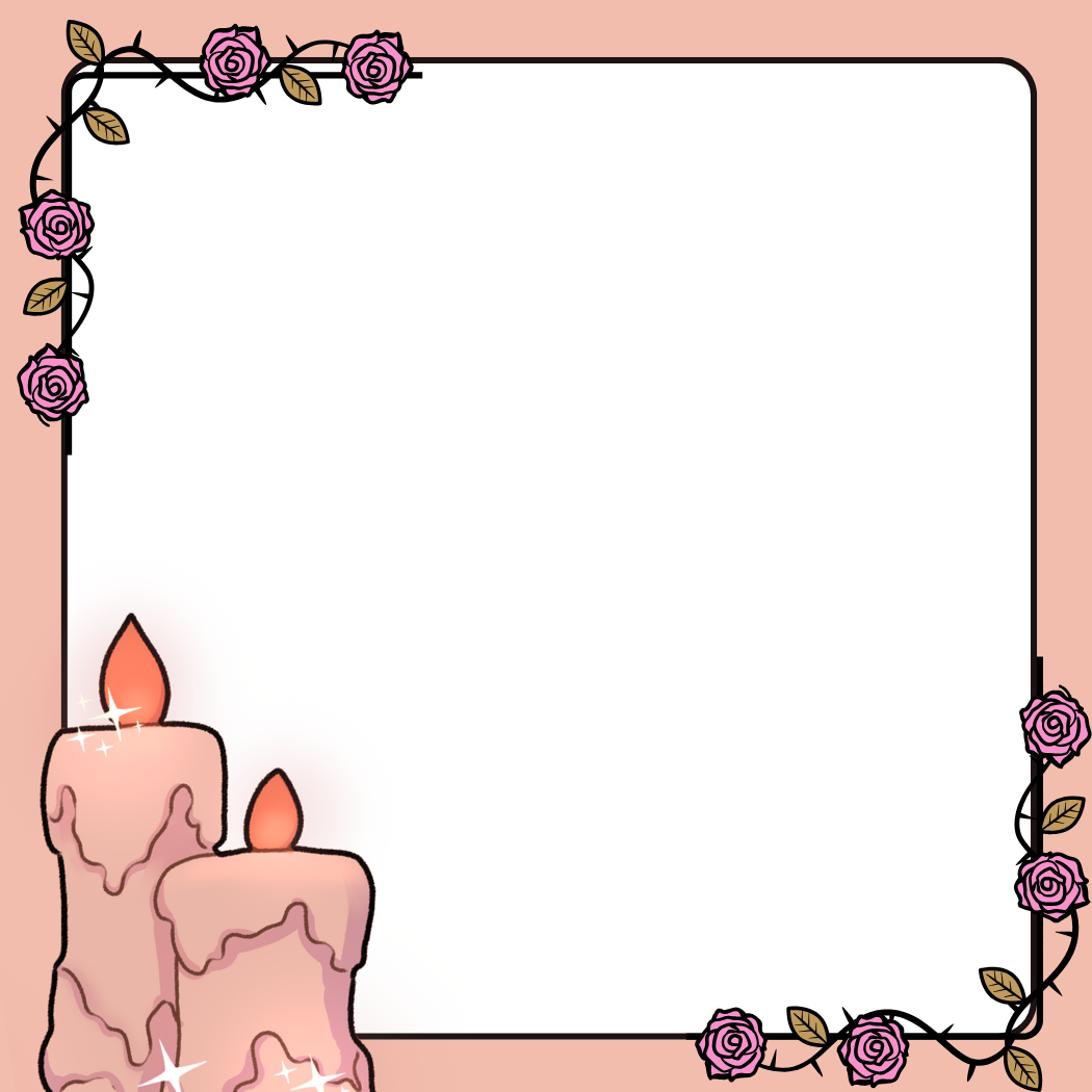 Decorative frame with candles and flowers on a pink background