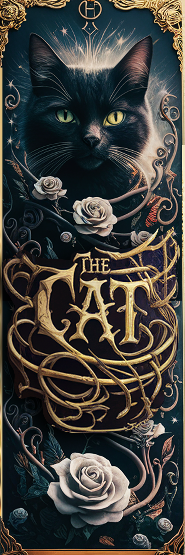 Decorative panel with a black cat, roses, and intricate gold text on a dark background.