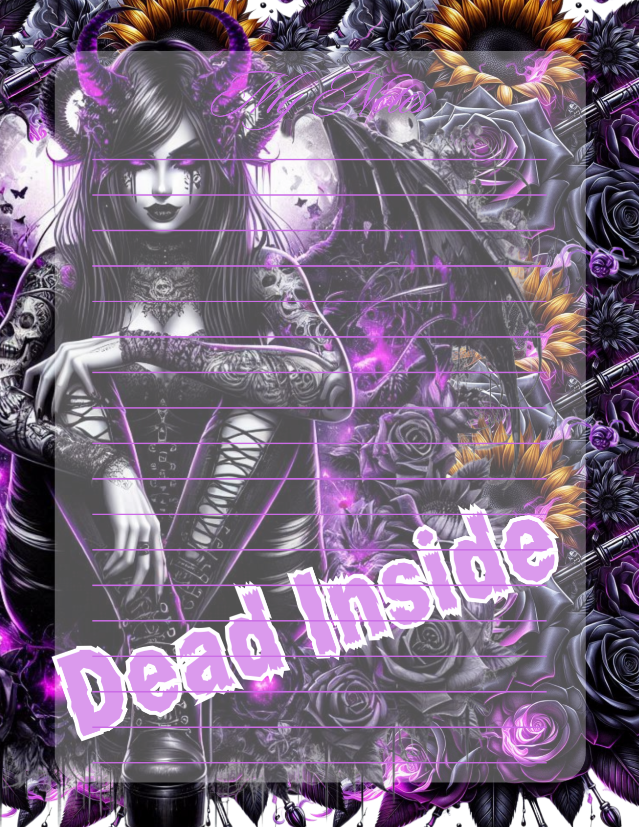Gothic-style illustration with floral elements and text 'Dead Inside' on a dark background.