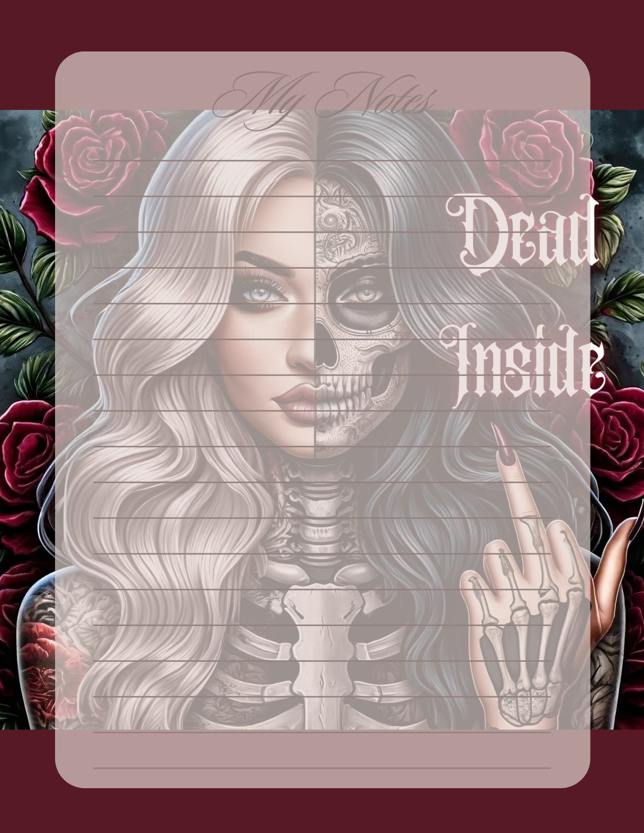 Notebook cover with a skeleton-themed design featuring a woman's face and roses.
