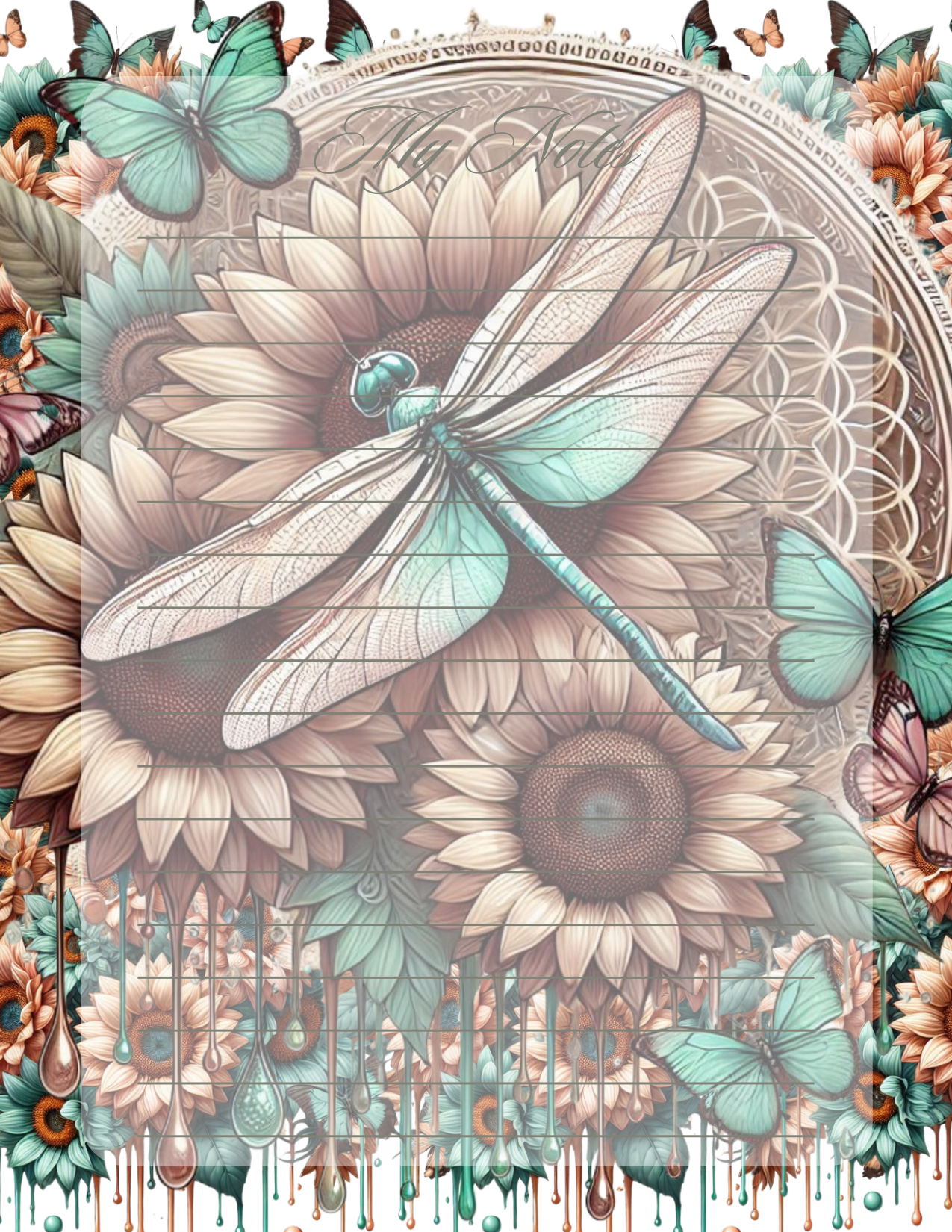 Artistic design with dragonfly, flowers, and butterflies in a circular pattern.
