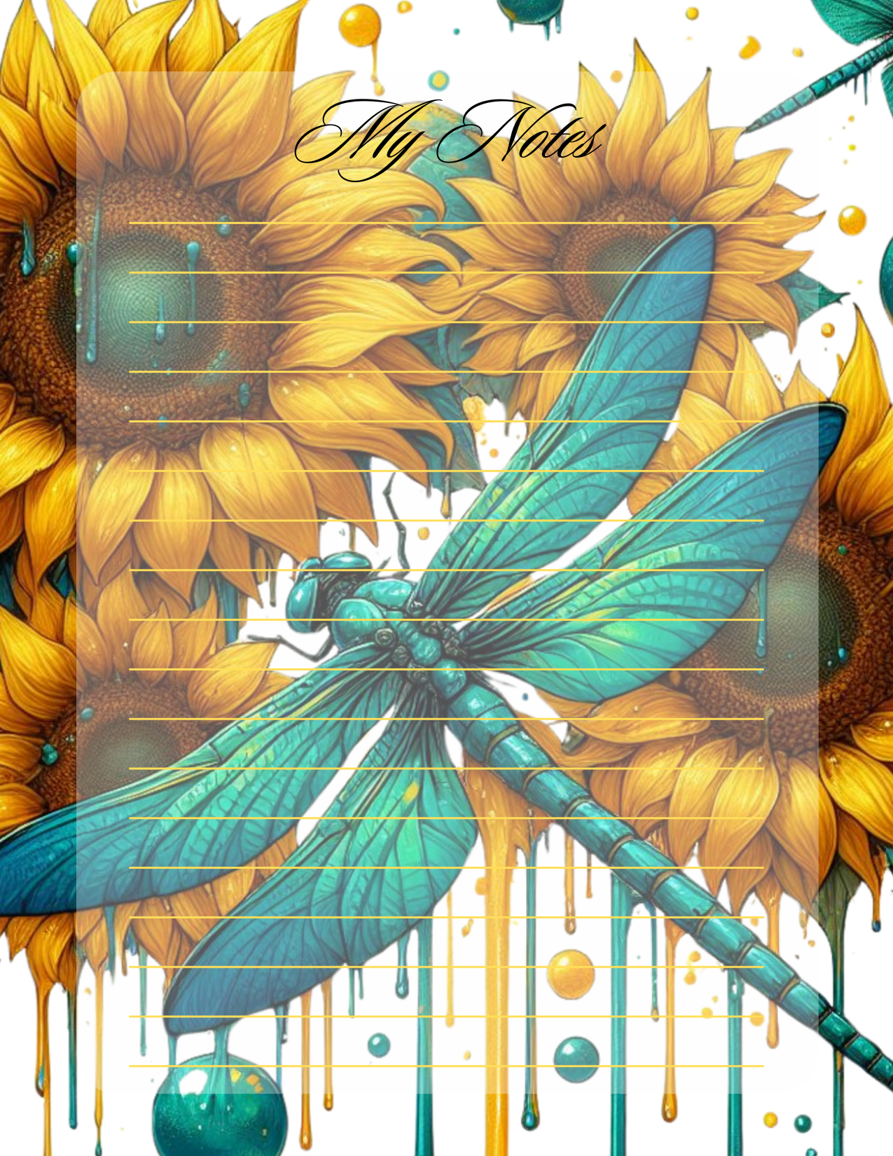 Notebook cover with sunflowers and a dragonfly illustration