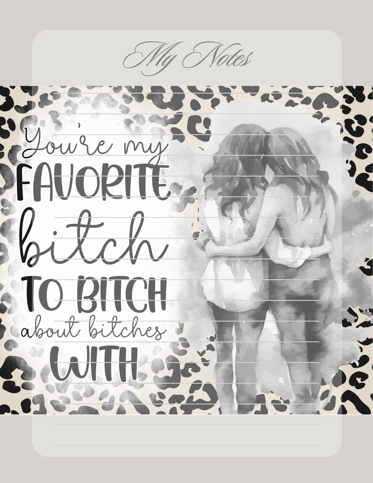 Notebook cover with leopard print, text, and a couple embracing