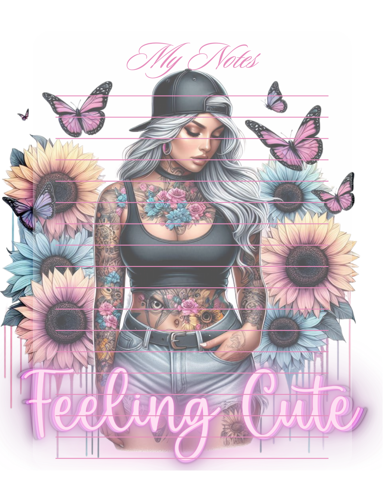 Notebook cover with a stylized illustration of a woman with tattoos, surrounded by flowers and butterflies, with text 'My Notes Feeling Cute'.