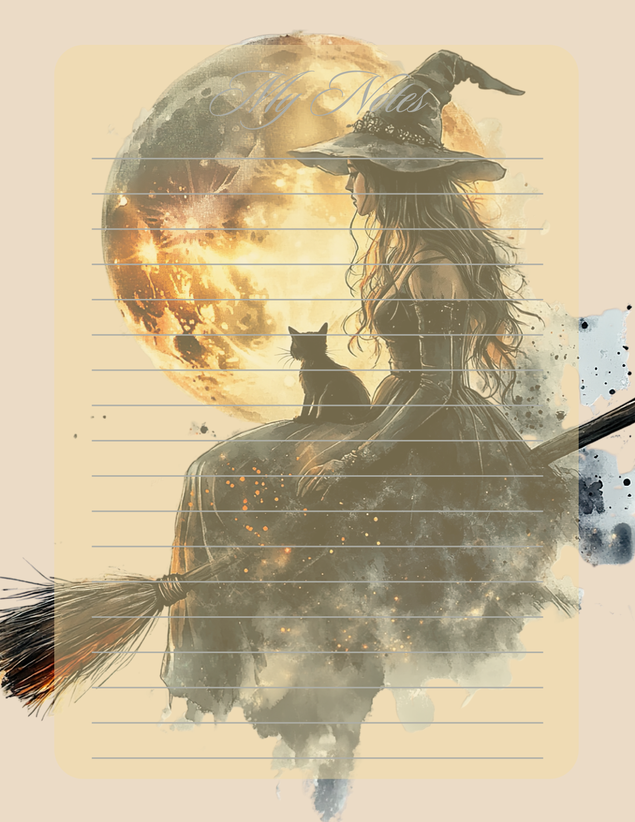 Silhouette of a witch with a broom and a cat against a moonlit sky on lined paper.