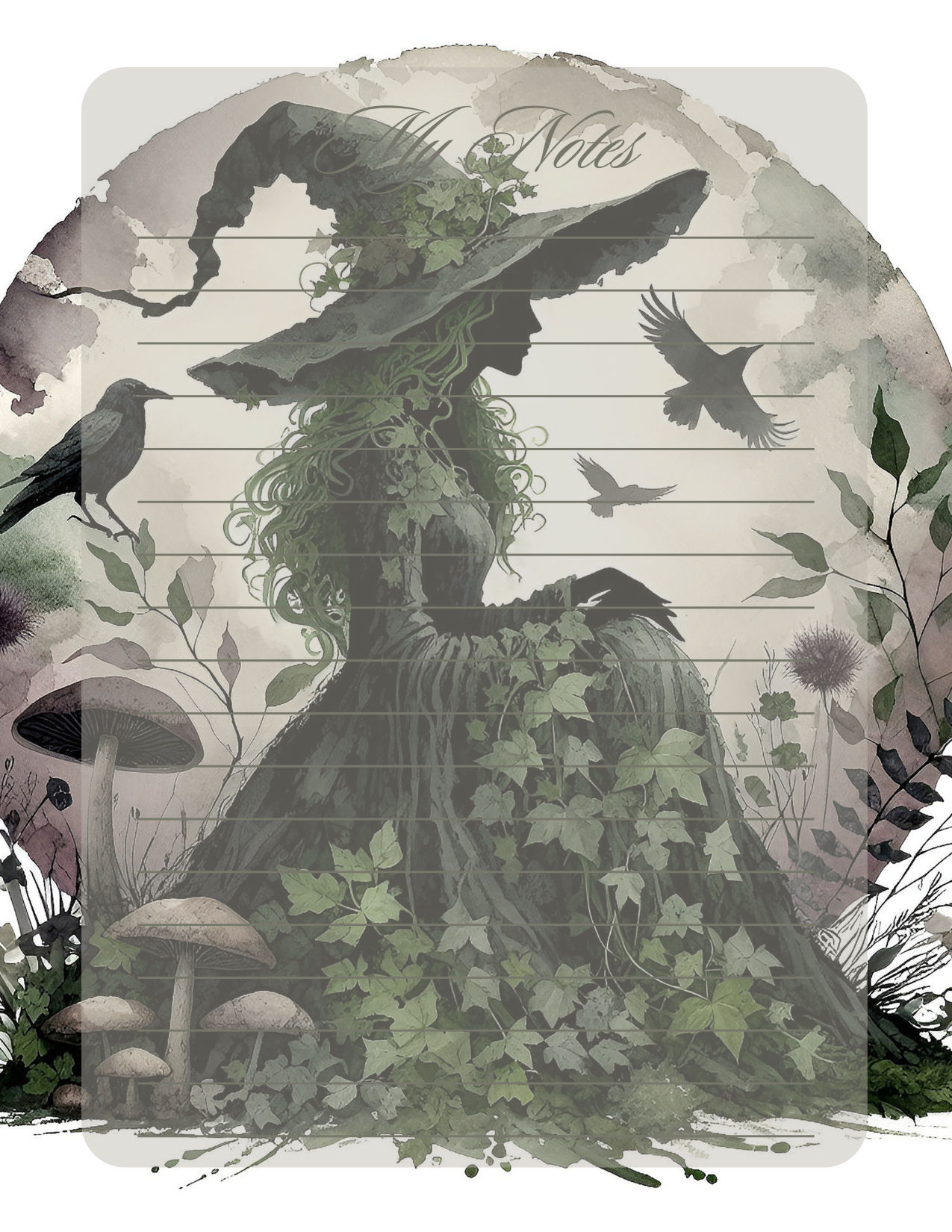 Notepad with a silhouette of a woman, nature elements, and 'My Notes' text.