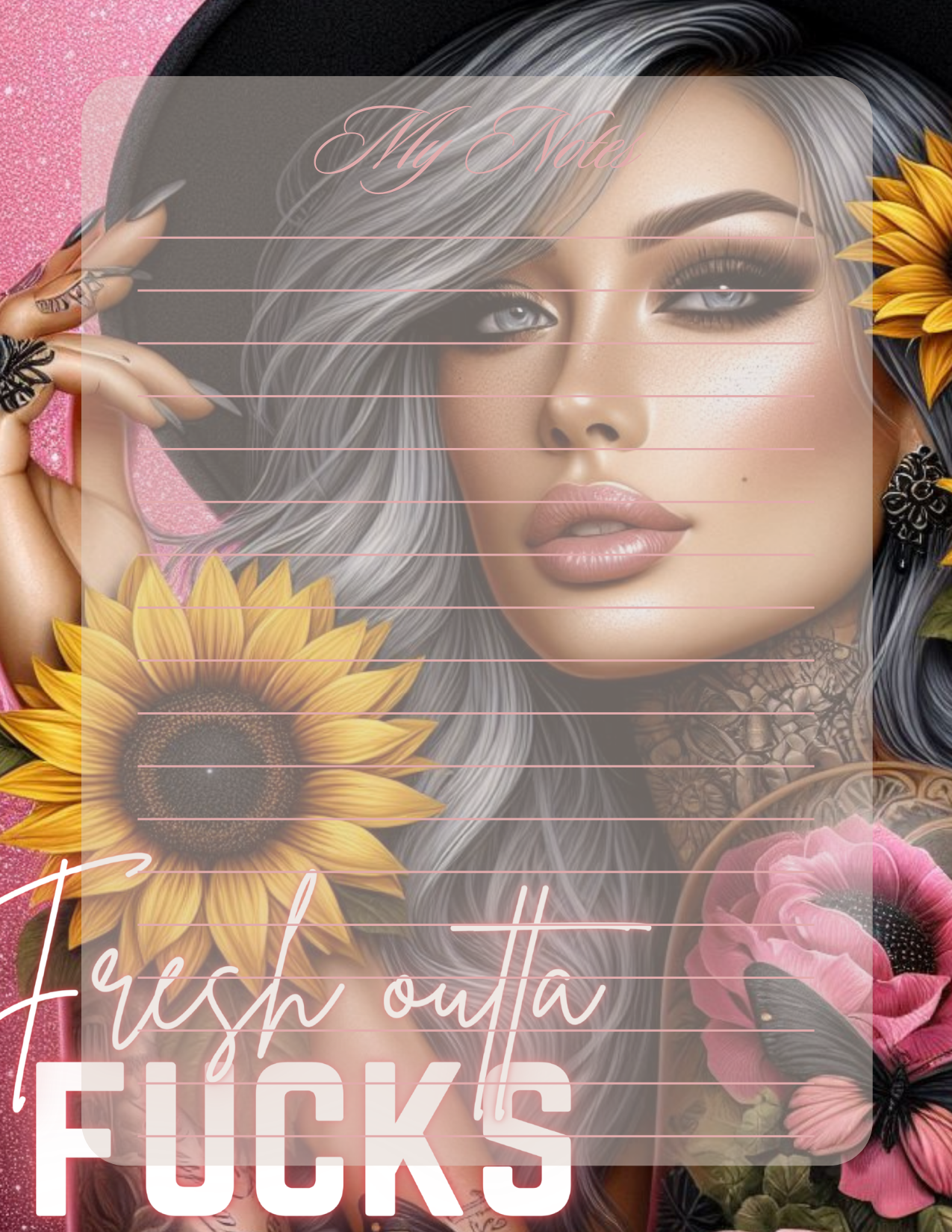Collage with a woman's face, sunflowers, and text overlay on a colorful background