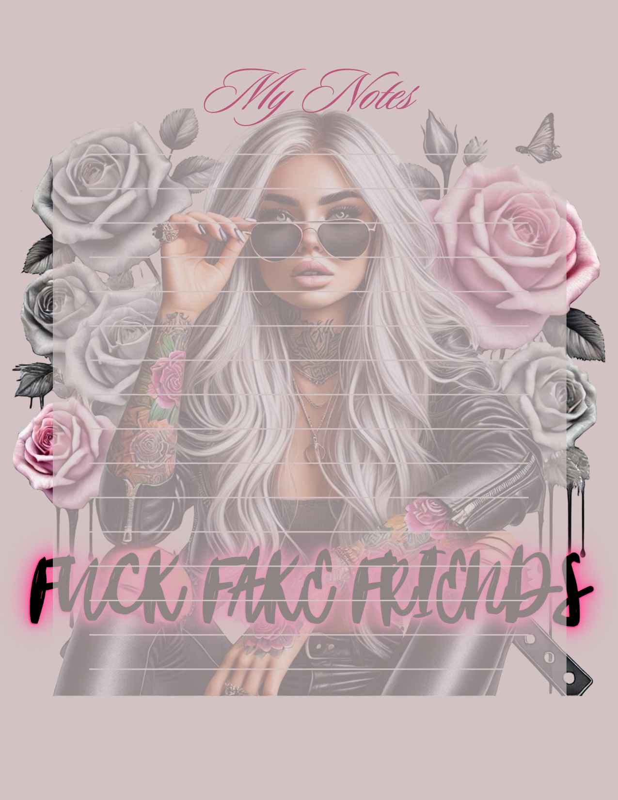 Notepad with a woman, roses, and text on a light pink background