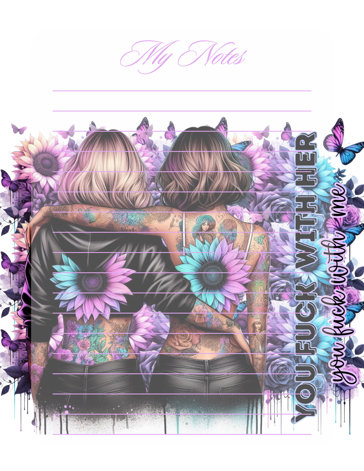 Notebook cover with two people back-to-back, floral designs, and text on a white background