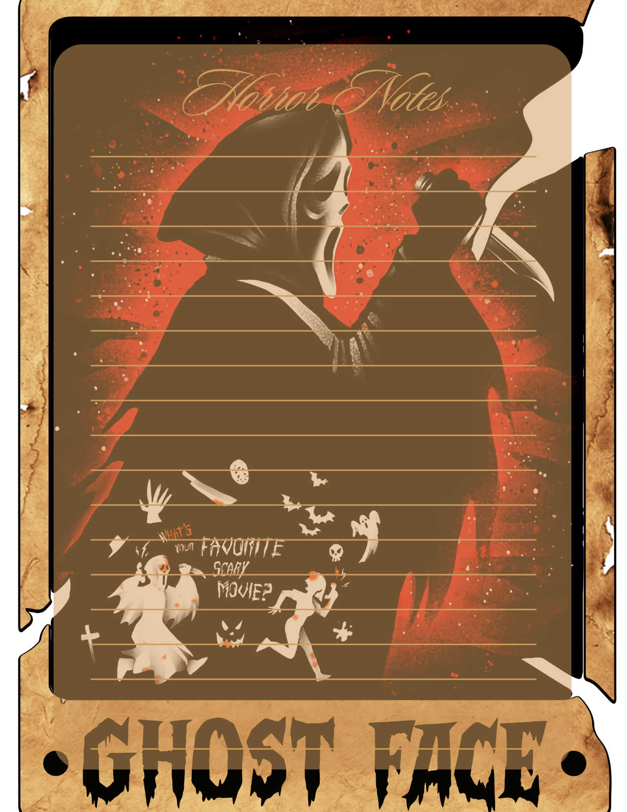Ghost face design with horror elements on a notepad