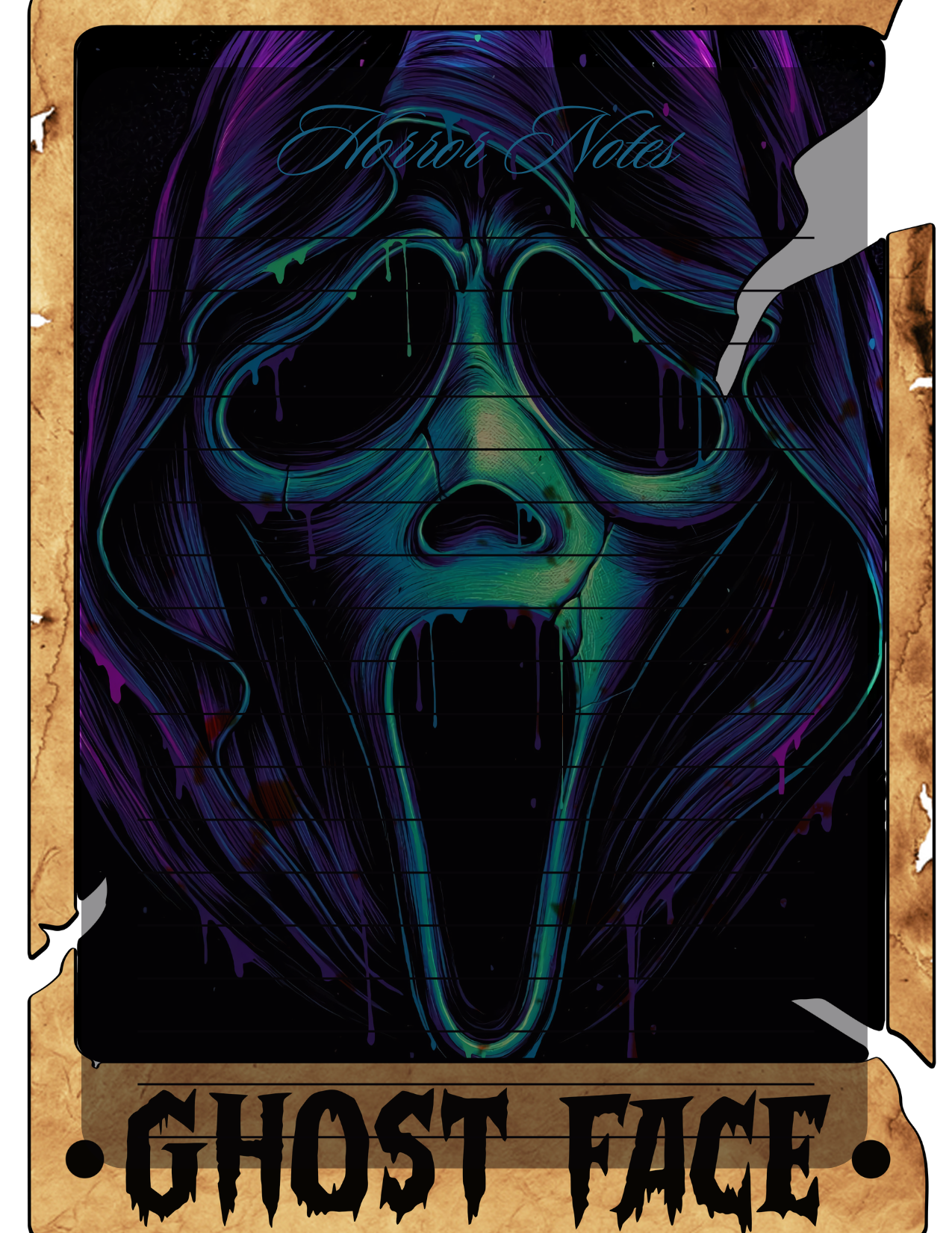 Notepad with a stylized ghost face design and 'Ghost Face' text on a dark background.