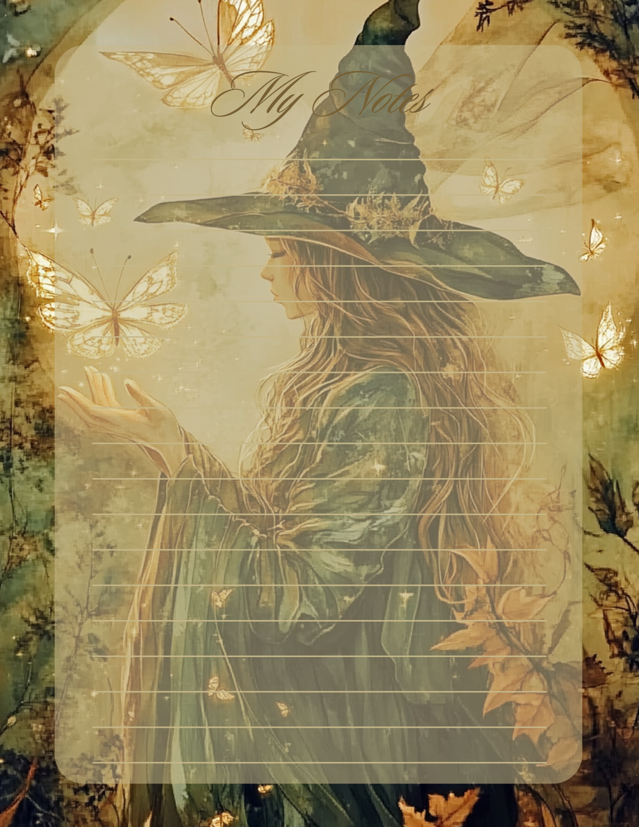 Vintage-style illustration of a witch with butterflies and floral elements.
