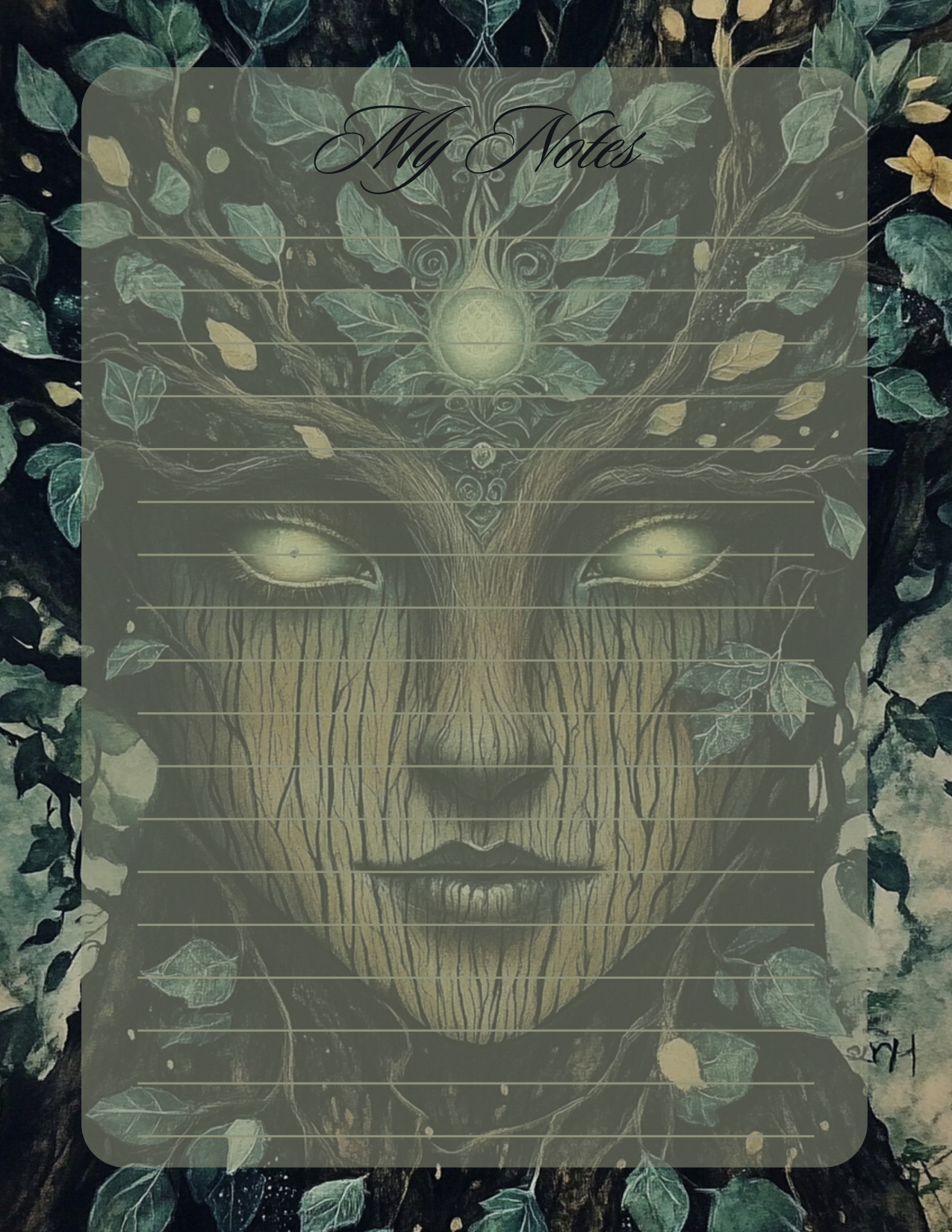 Notepad with nature-themed design and 'My Notes' text, surrounded by leaves.