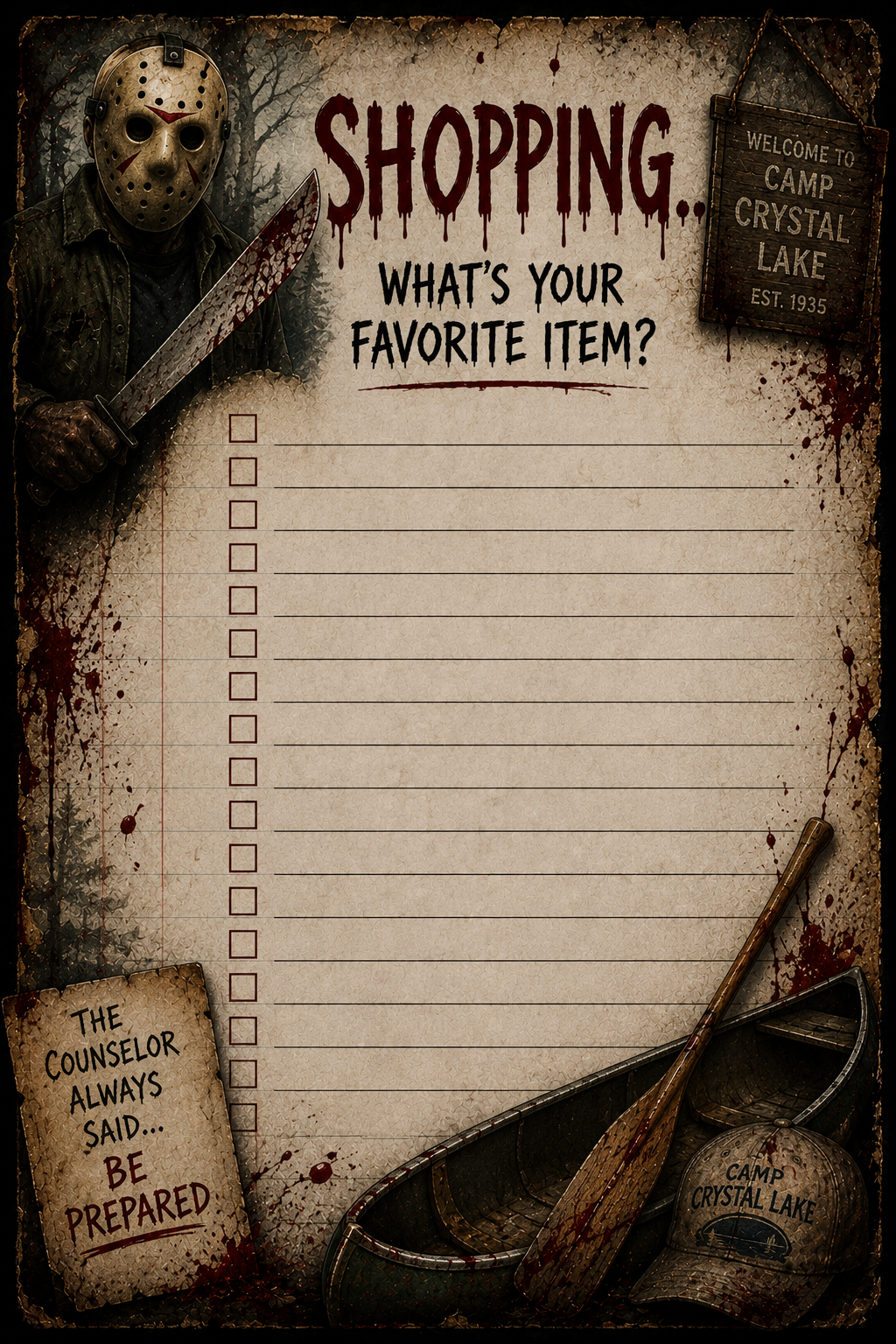 Halloween-themed shopping list with a masked character holding a knife, set against a dark background.