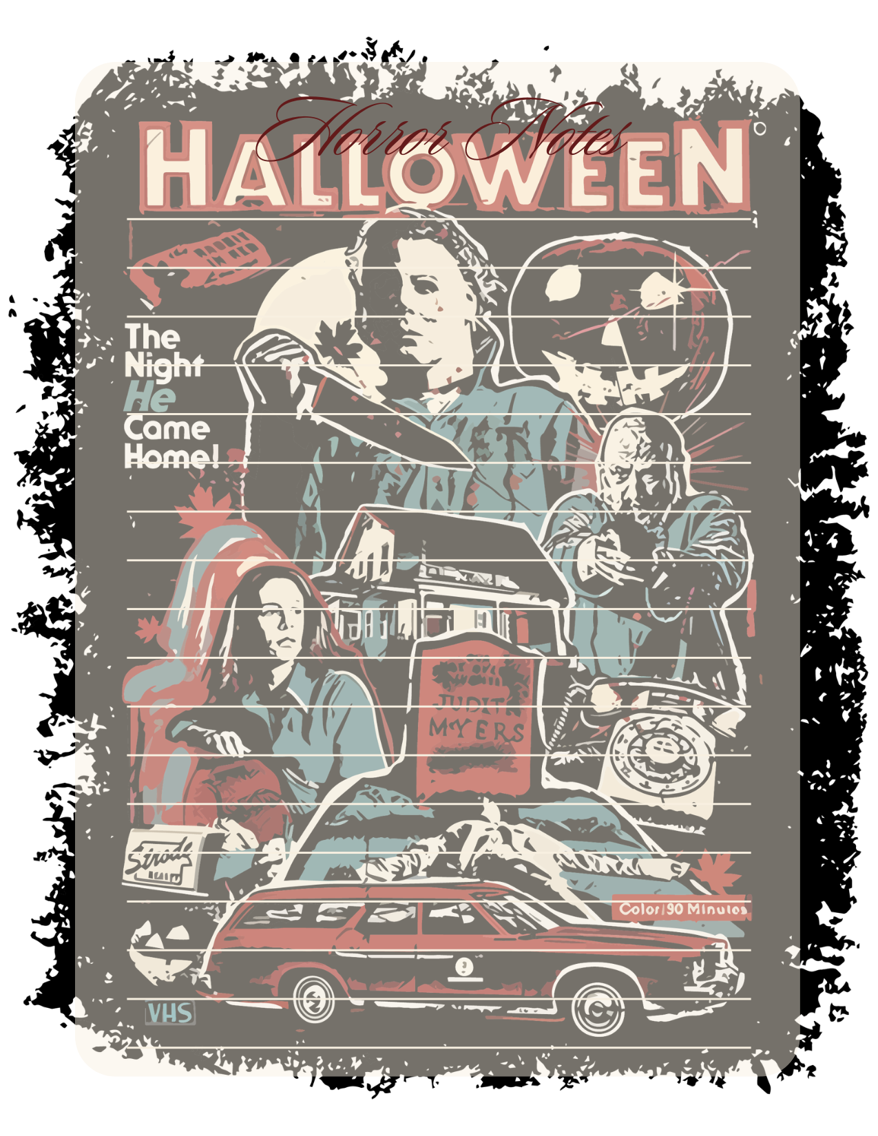 Horror movie notepad with characters and text on a gray background