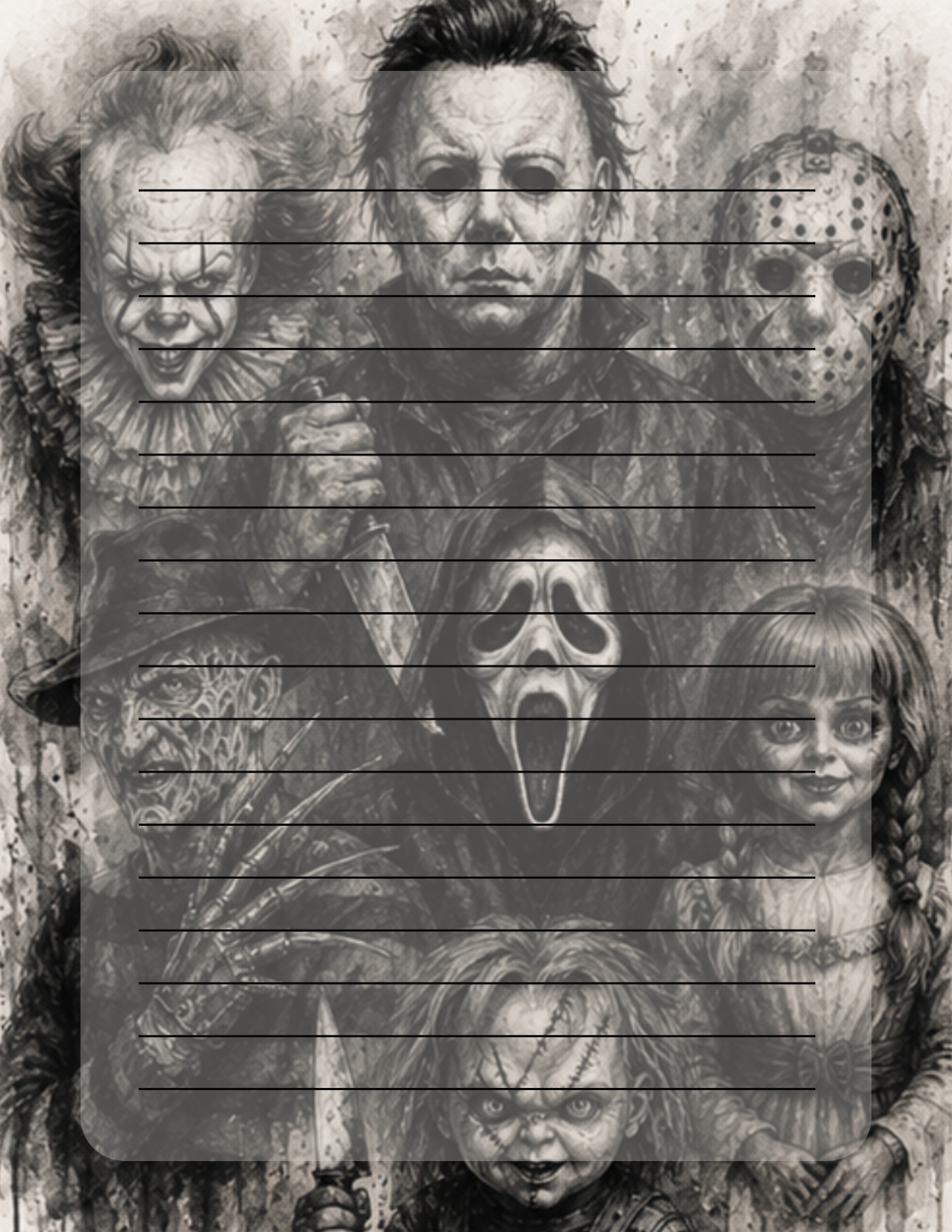 Pennywise, Ghostface, Freddy, Annabelle, Chucky, Jason, Myers Notepad