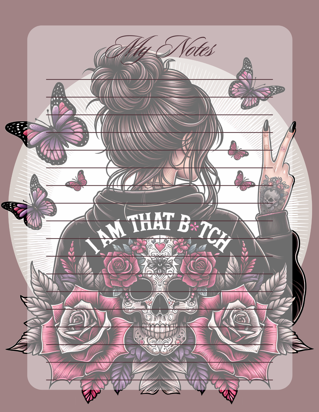 Notebook cover with a stylized skull, roses, and text on a pink background