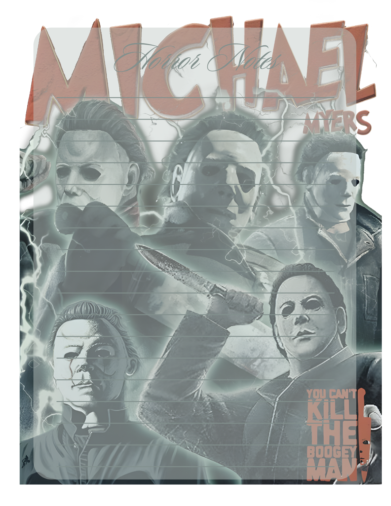 Collage of Michael Myers from 'Halloween' with text overlay on a wooden background