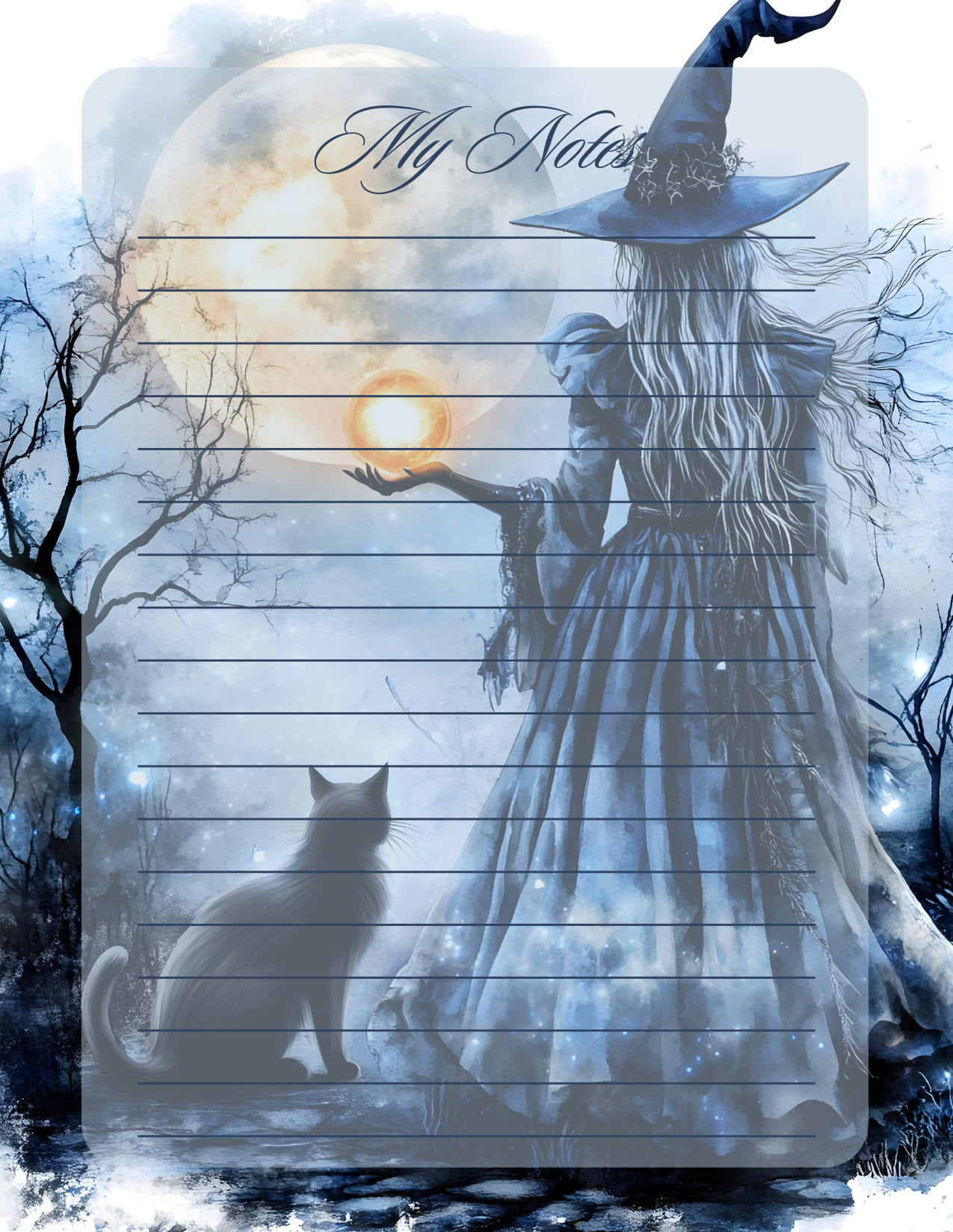 Notepad with a witch and cat design, titled 'My Notes', against a mystical background.