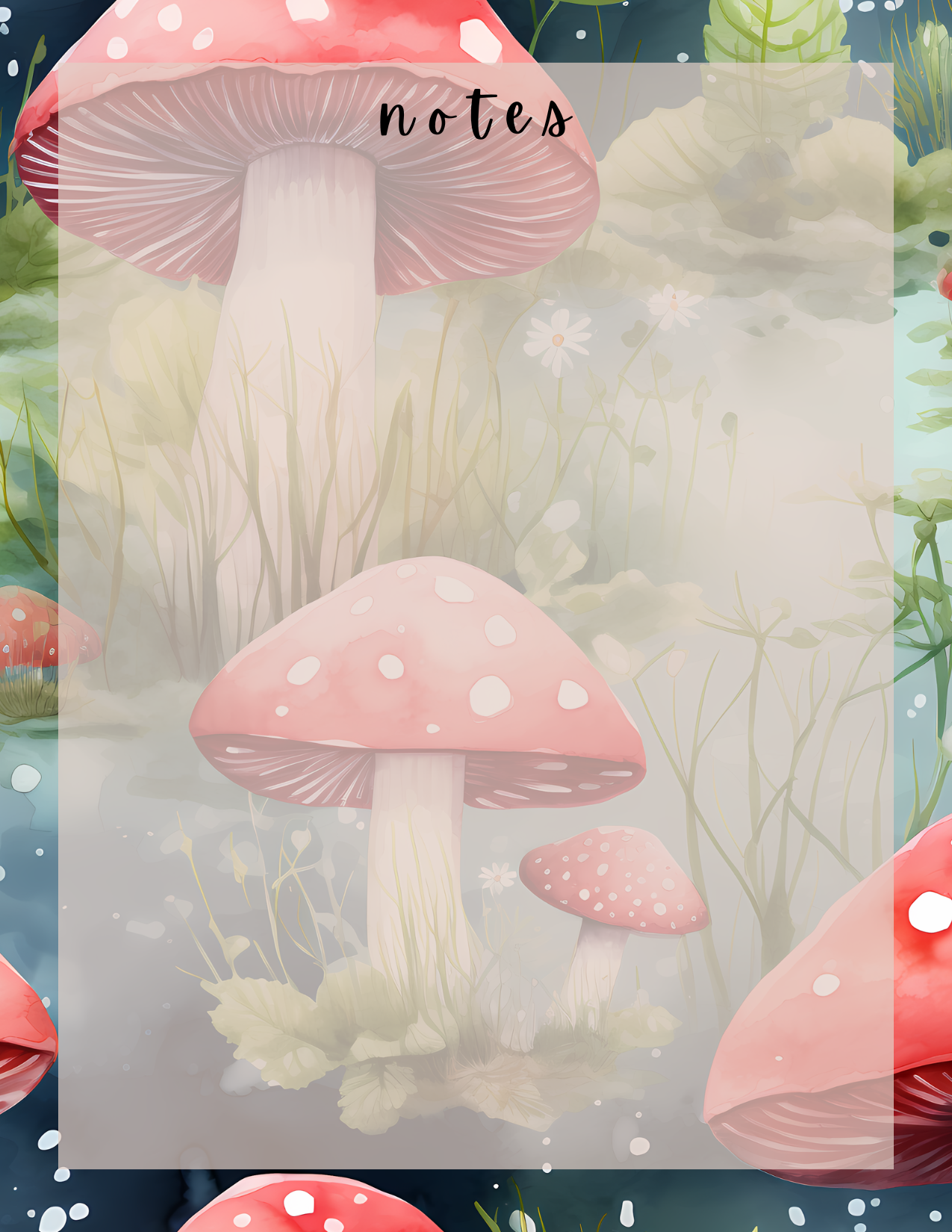 Notebook cover with pink mushrooms and green foliage on a dark blue background