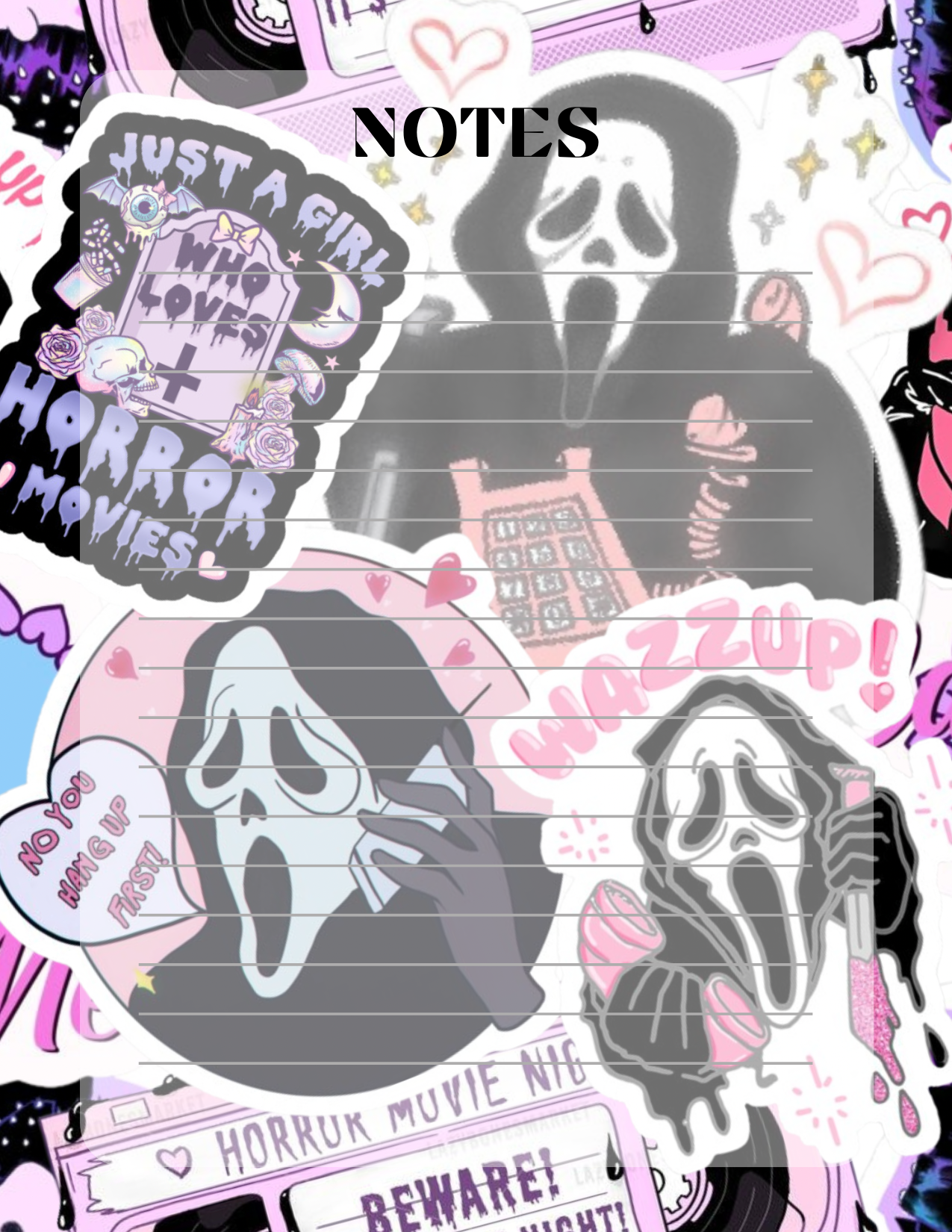 Notebook cover with horror-themed stickers and text on a colorful background