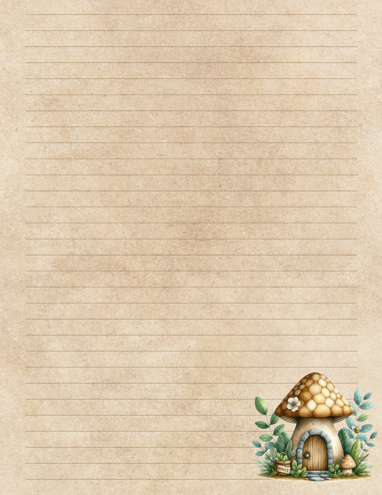 Beige lined paper with a small mushroom house and plants on a beige background