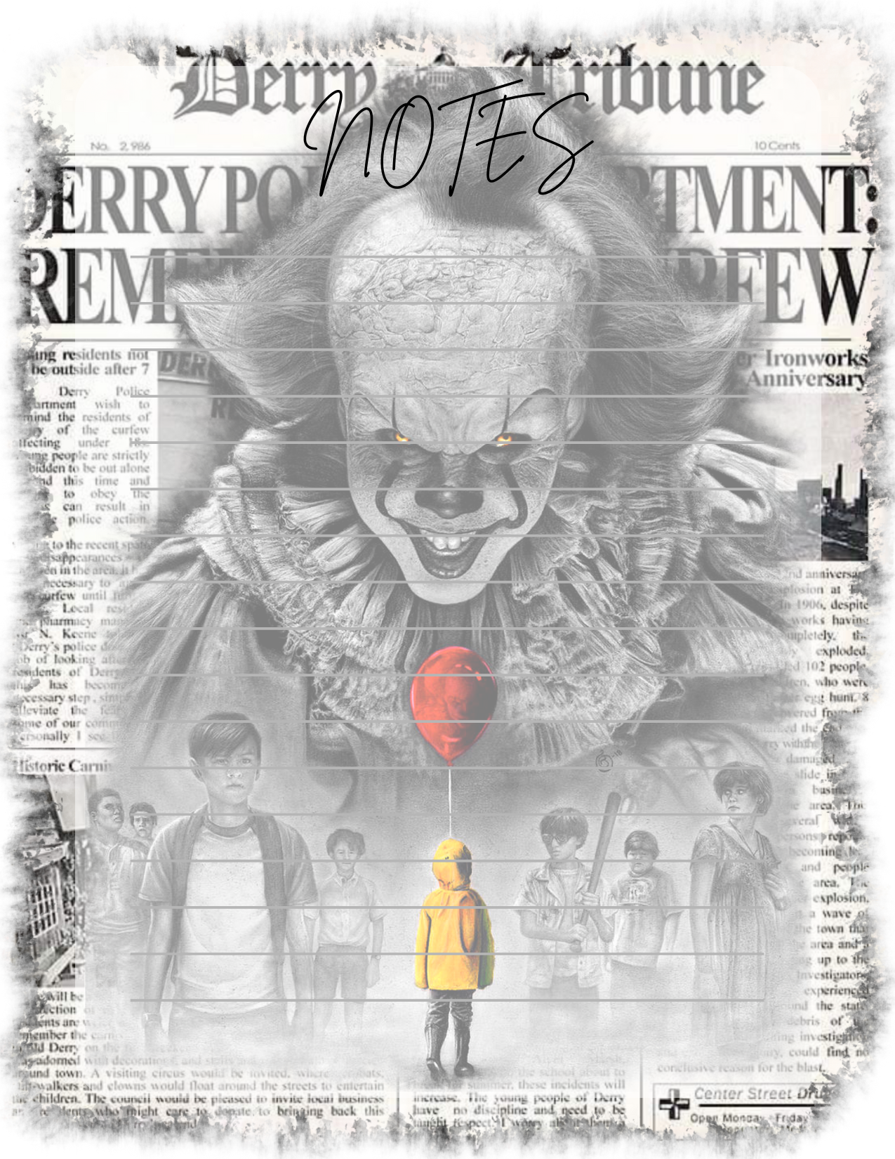 Horror movie poster with clown and children, featuring a newspaper-style layout.