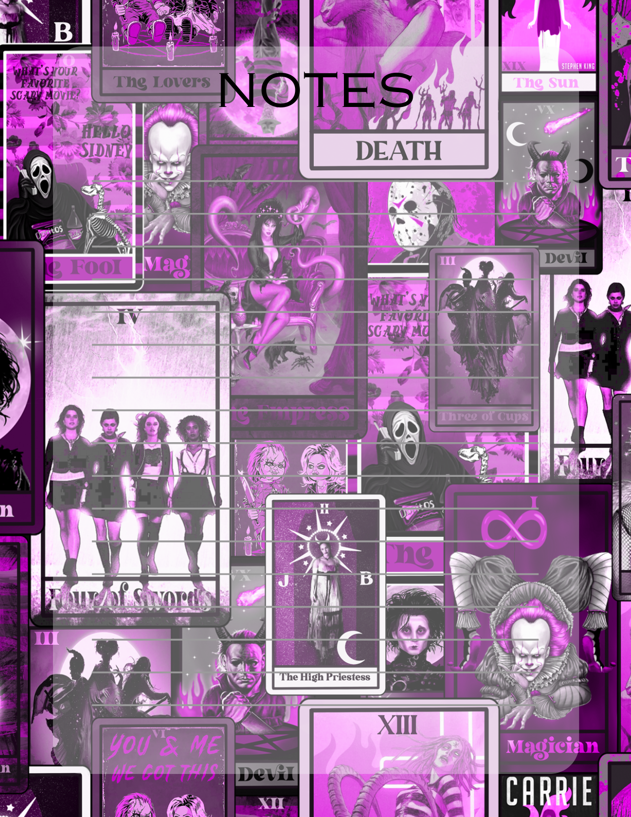 Notebook cover with purple and black design featuring characters and text, titled 'NOTES'.