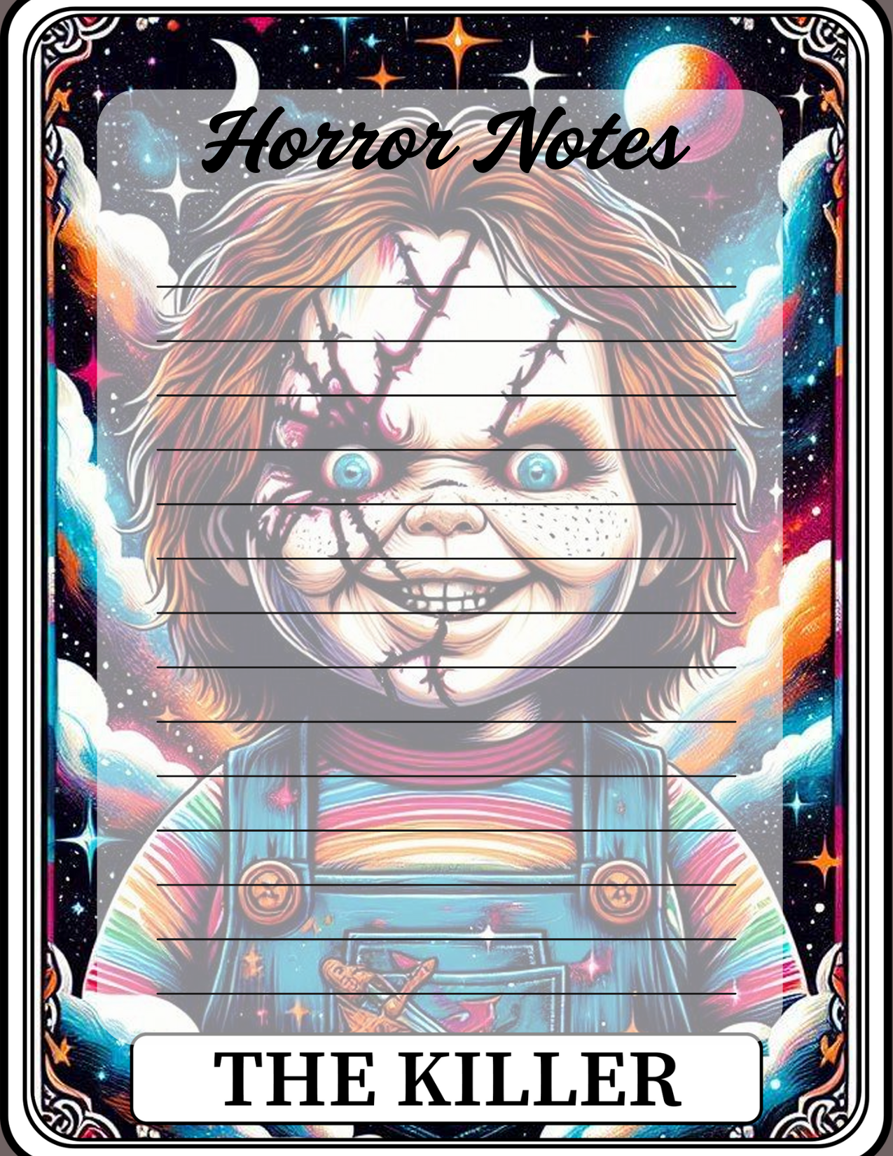Notebook cover with a colorful design of a character labeled 'The Killer' and 'Horror Notes'.