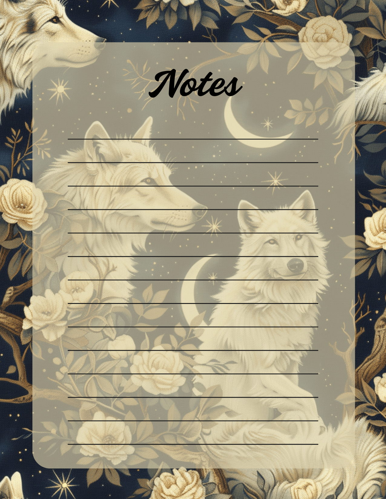 Floral wolves with moons on notepad