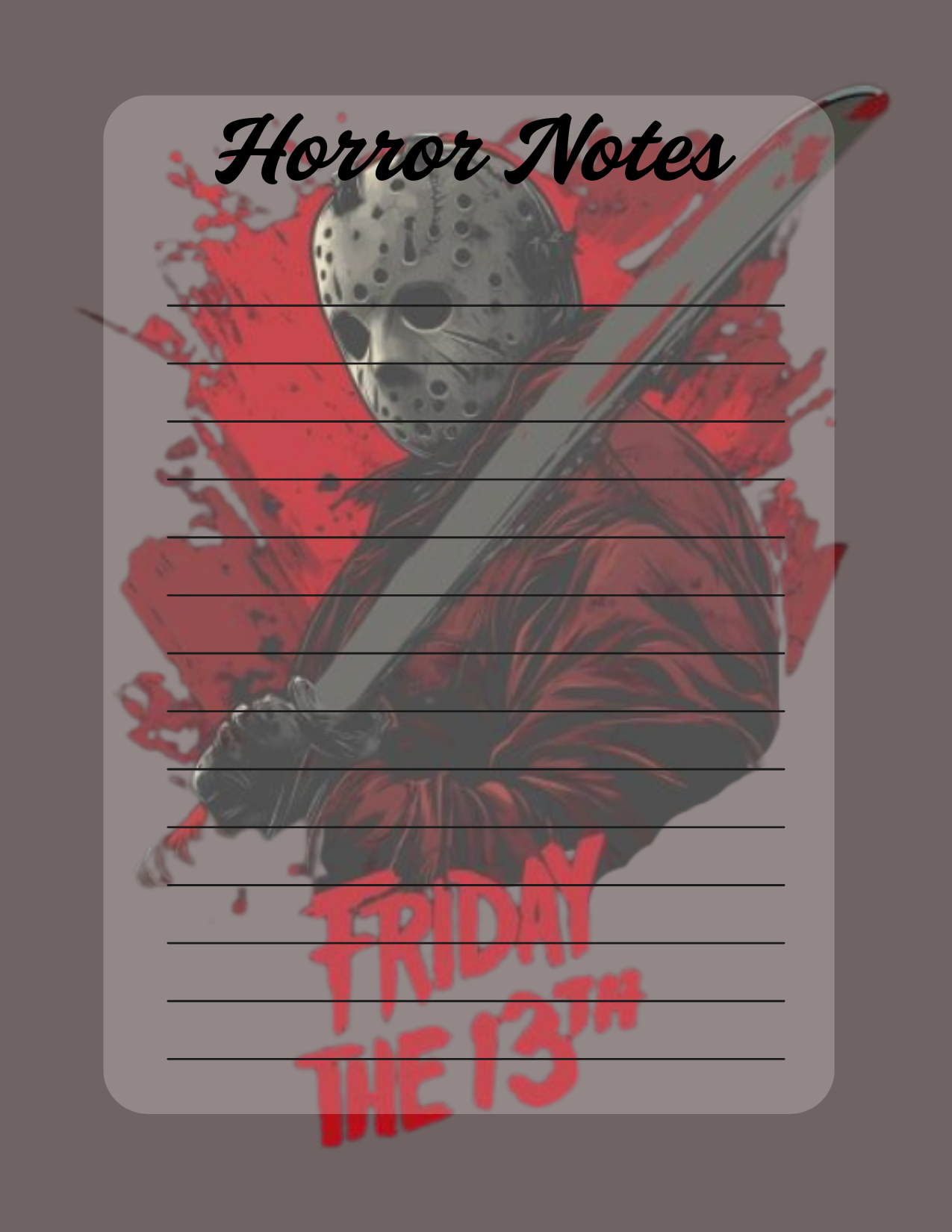Notebook cover with a horror theme featuring a mask and knife, titled 'Horror Notes Friday the 13th'.