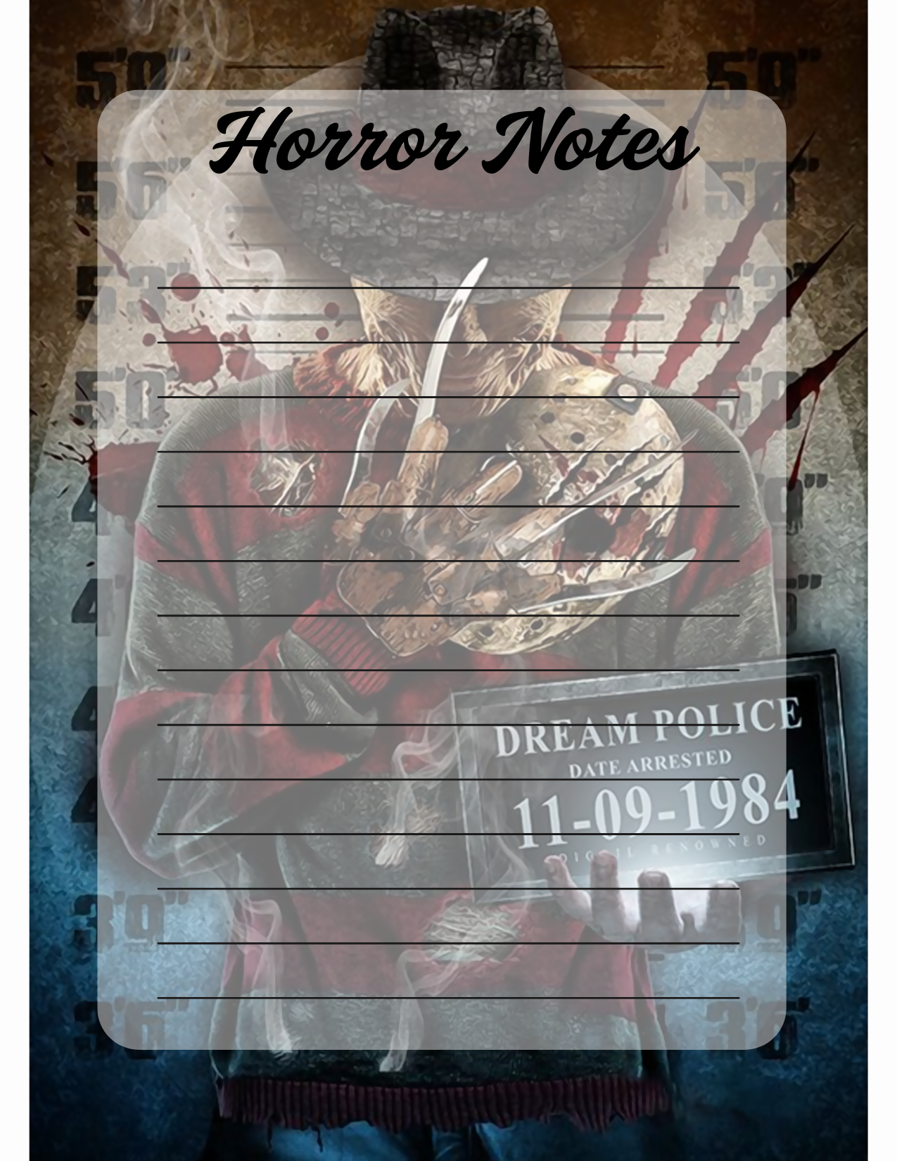 Notebook cover with horror theme featuring a zombie and police-style design.